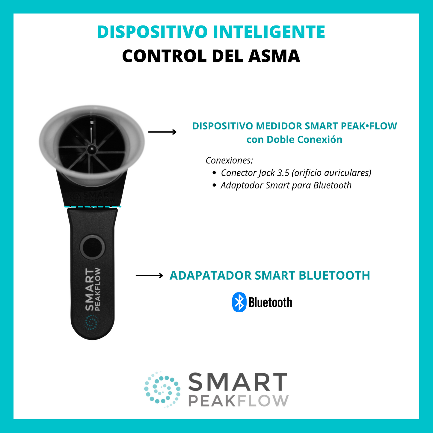 SMART PEAK FLOW - Medidor de flujo máximo inteligente con Bluetooth y boquilla reutilizable - dispositivo médico CE, no necesita baterías